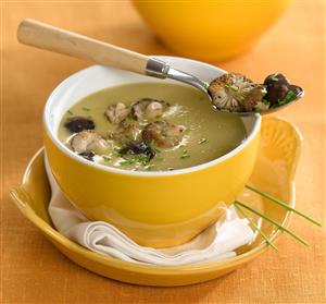 Crema de esparragos verdes con setas. Receta disponible.