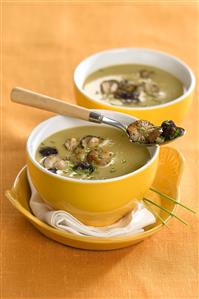 Crema de esparragos verdes con setas. Receta disponible.