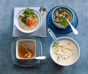 Cuatro sopas: Noodles con verduras, Sopera del norte, Consome y Crema de coliflor. Recetas disponibles.