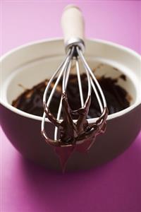 Remains of chocolate sauce in pot and on whisk