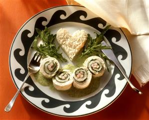 Arugula and Shrimp Stuffed Sole Rolls with Rice Heart