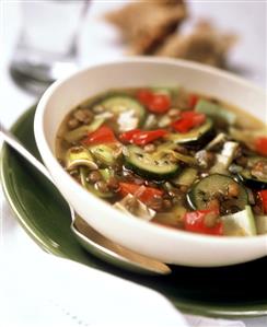 Lentil and vegetable soup in white soup bowl