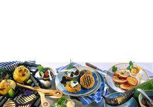 Barbecue buffet: vegetables, green rye burgers and fruit