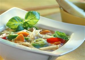 Minestrone in square china plate