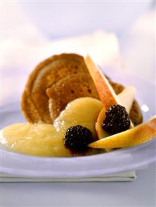 Blinis with pear and blackberry salad and apple puree (2)