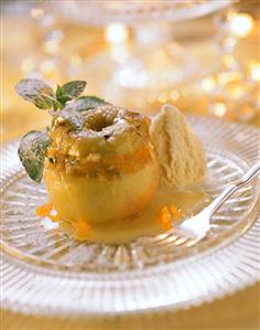 Baked apple with apricot & marzipan filling & vanilla ice cream