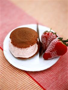 Strawberry ice cream sandwich (with chocolate biscuits)