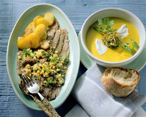 Tellerfleisch & courgette dressing, creamed courgette soup (1)
