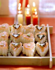 Sushi style rice and smoked salmon hearts