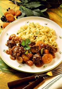 Venison ragout with dried apricots & home-made noodles