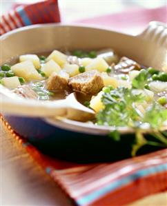 Vegetable stew with pork and peas in soup plate (2)