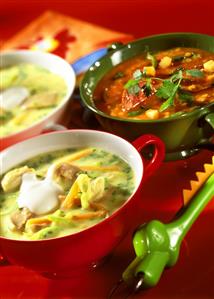 Potato soup with chicken and lentil and cabanossi stew