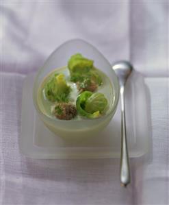 Cream of Brussels sprout soup with lamb balls & chervil