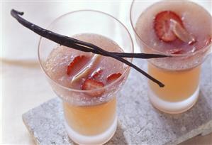 Rhubarb and strawberry soup in glasses; vanilla pod (1)