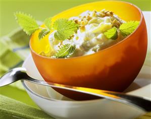 Apricot mousse with almonds and lemon balm