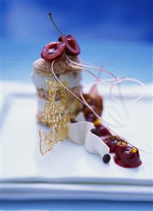 Caramelised walnut puff pastry with cherries