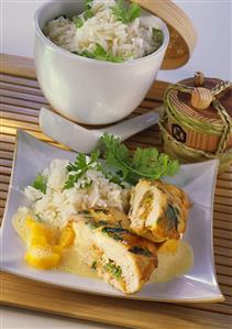 Stuffed chicken breast with mango sauce and coriander rice