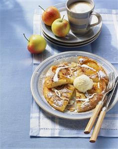 Apple pancake with vanilla ice cream; coffee