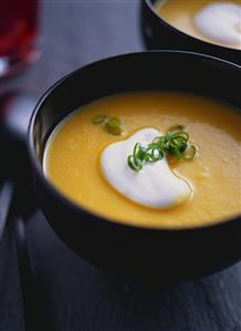 Carrot and ginger soup with a blob of crème fraiche