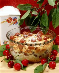 Quark bread pudding with cherries