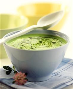 Green pea soup in soup dish