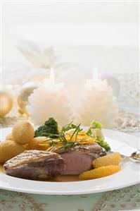 Duck breast with orange, potato croquettes, broccoli (Xmas)