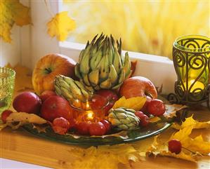 Autumn leaves, artichokes, apples & ornamental apples