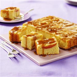 Tray-baked apple cake with caramel sauce
