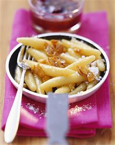 Sweet potato noodles with plums and almond praline