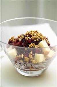 Winter trifle ? sponge and fruit in a small bowl