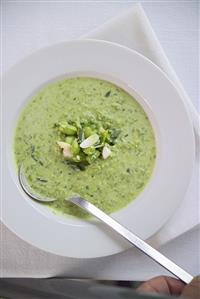 Cold minted pea soup with yoghurt and Parmesan