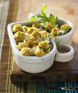 Cod and broccoli bake in a heart-shaped baking dish