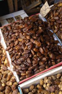 Dried dates on a market stall in Morocco