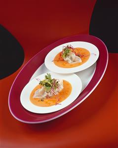 Cream of red pepper soup with charr wontons
