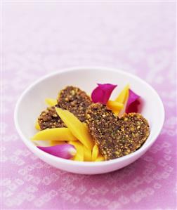 Nut and fig hearts with mango, rose water and rose petals