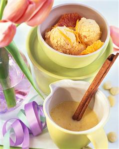 Blood orange ice cream with almond sauce