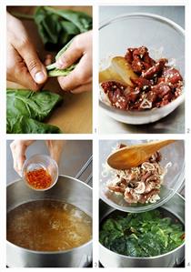 Making Vietnamese beef and spinach soup