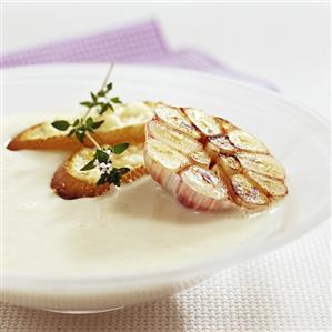 Cream of garlic soup with toasted baguette slices