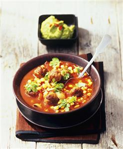 Tomato and sweetcorn soup with meatballs