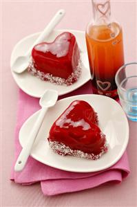 Heart-shaped strawberry mousse with strawberry jelly & coconut