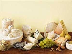 Cheese still life with grapes, pears and walnuts