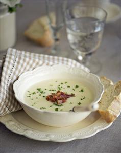 Cream of potato soup with crispy bacon