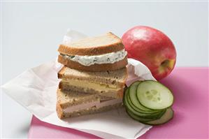 Sandwiches, apple and cucumber for a packed lunch