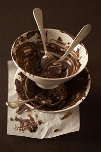 Dirty dishes used for making chocolate almond clusters