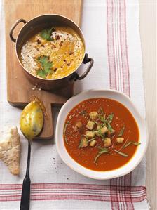 Pumpkin soup with coconut milk and hot & sweet tomato soup