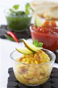 Assorted dips (pear dip, salsa, herb dip)