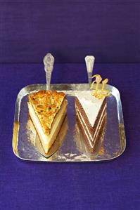 Bee sting cake and chocolate caramel cake, a piece of each