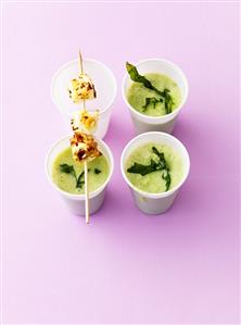 Cucumber soup with sheep's cheese skewer