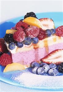 Raspberry flan with fresh fruit