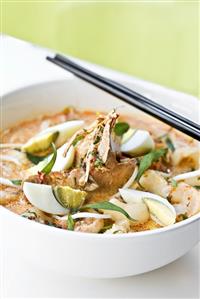 Seafood laksa with boiled egg (Singapore)